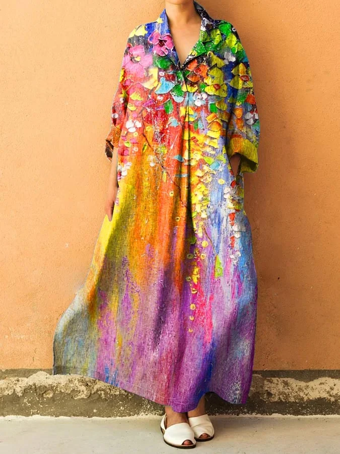 Vintage Colorful Floral Print Shirt Collar Long Sleeve Loose Dress