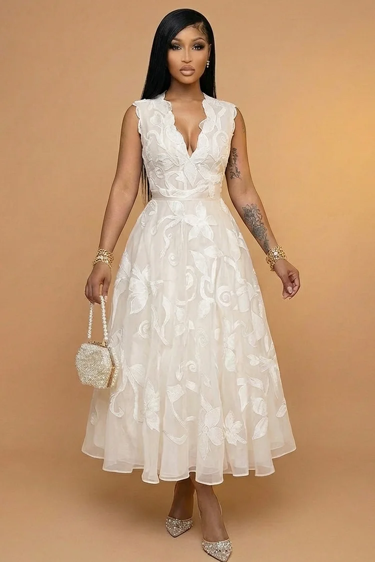 Deep V Neck Sleeveless Flower A-Line Gowns Maxi Dresses-White