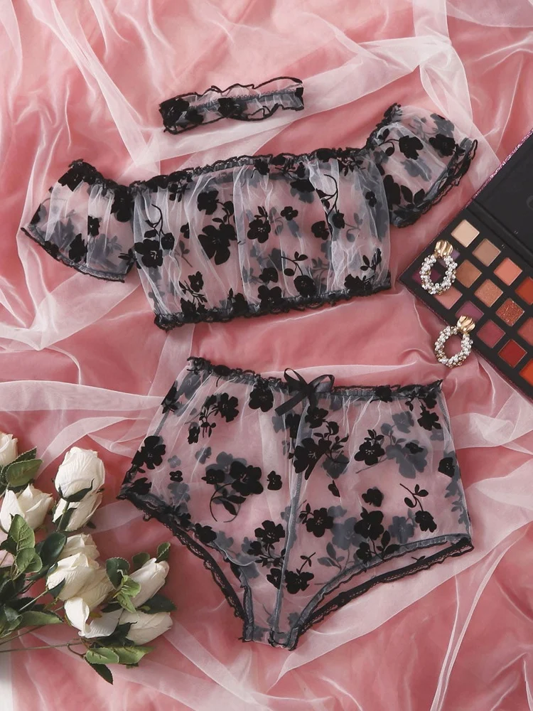 Floral Pattern Mesh Bardot Lingerie Set