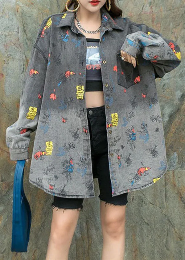 6.10Black Grey Graphic Patchwork Denim Shirts Coat Peter Pan Collar Spring