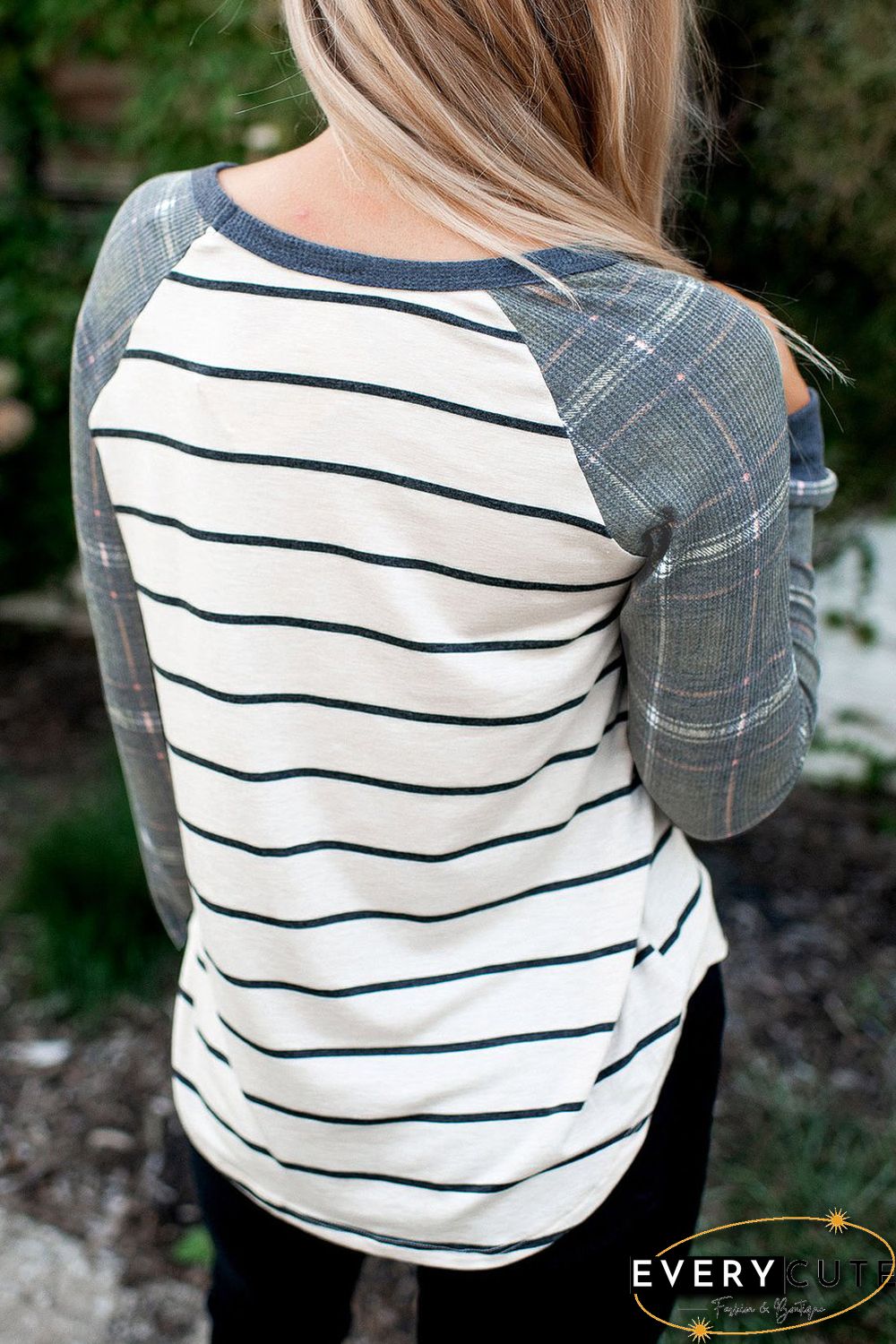 Green Plaid Raglan Sleeve Striped Top