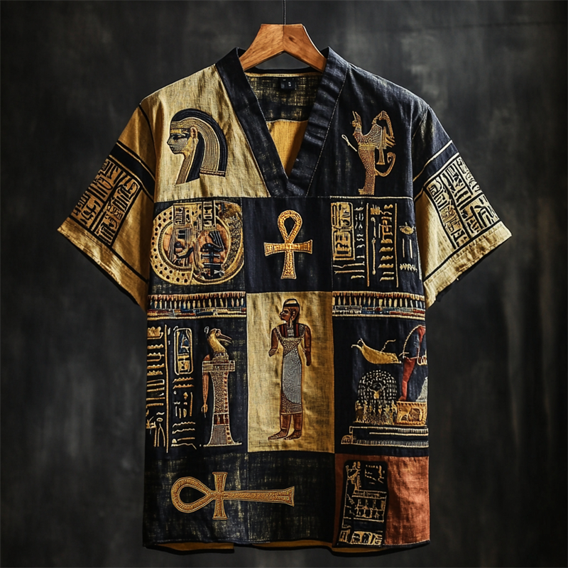 Comstylish Ankh Ancient Egyptian Embroidered Colorblock Patchwork Linen Shirt