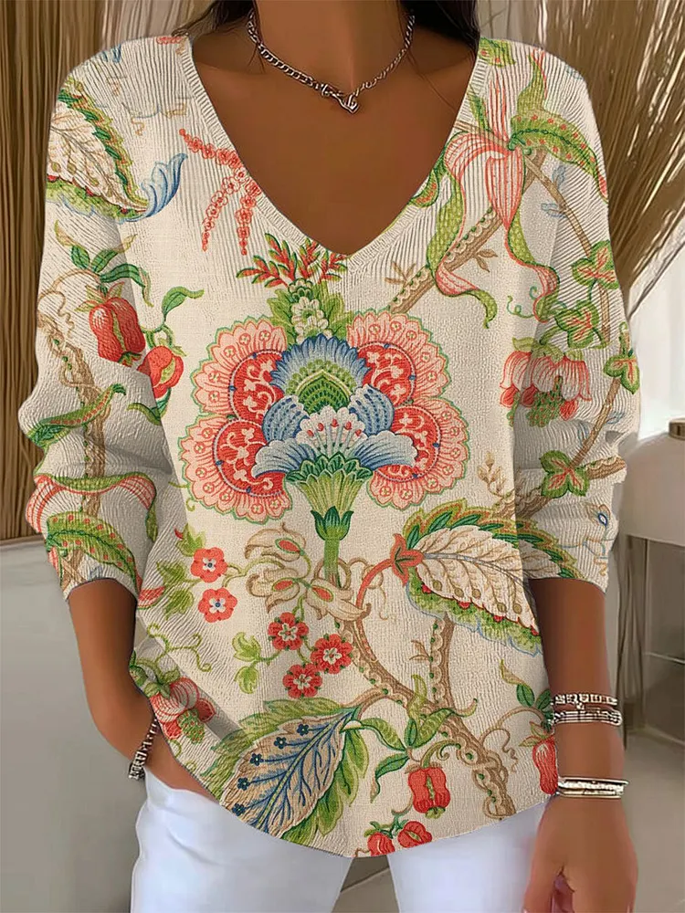 Women's Vintage Flower Art Print Casual Pullover Sweater