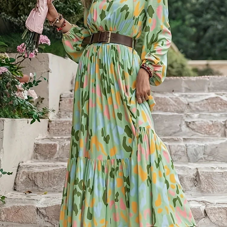 Floral Print V Neck Dress, Elegant Long Sleeve Ruffle Hem Dress, Women's Clothing