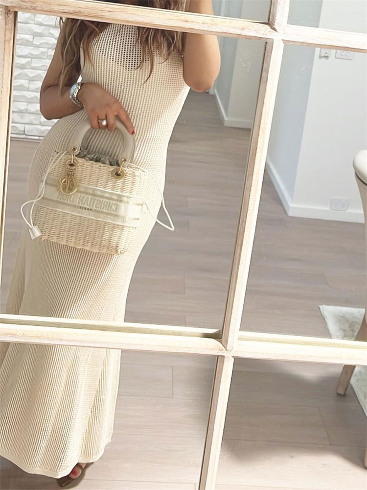 Ootddress White Crochet Hollow Out Midi Dress For Women Long Sleeve Casual Dress Beach Holiday See-Through Summer Dress Cover-Up