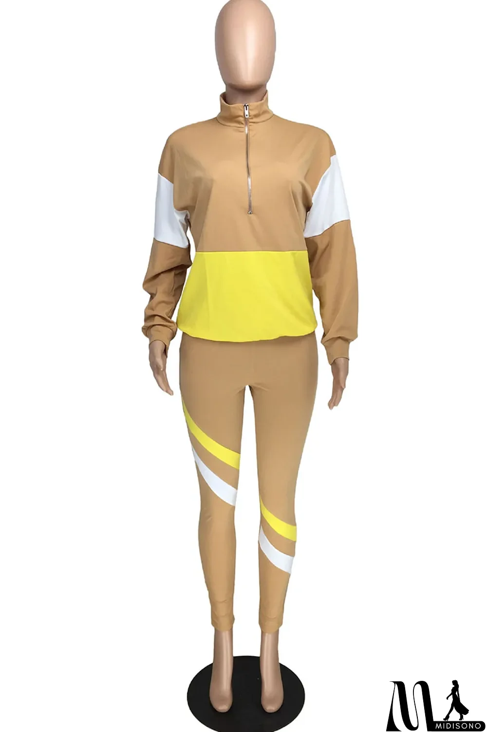 MidiSono - Fluorescent green Casual Striped Print Zippered Split Joint Mandarin Collar Long Sleeve Two Pieces