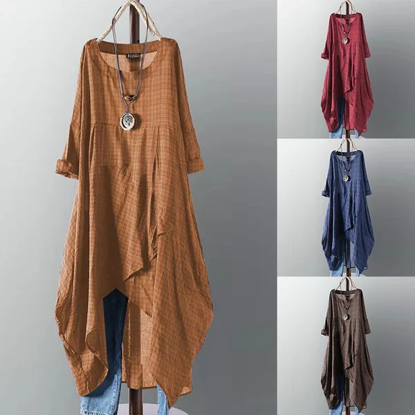 Women Round Neck Long Sleeve Plaid Check Baggy Asymmetrical Hem Shirt Dress