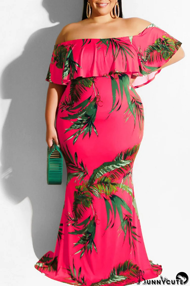 Rose Red Sexy Print Patchwork Flounce Off the Shoulder One Step Skirt Plus Size Dresses