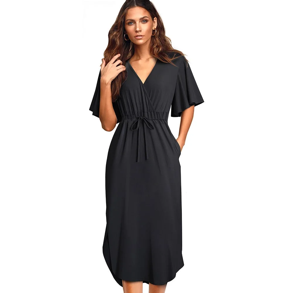 Women Casual Solid Color Drawstring vestidos with Batwing Sleeve Straight Women Dress