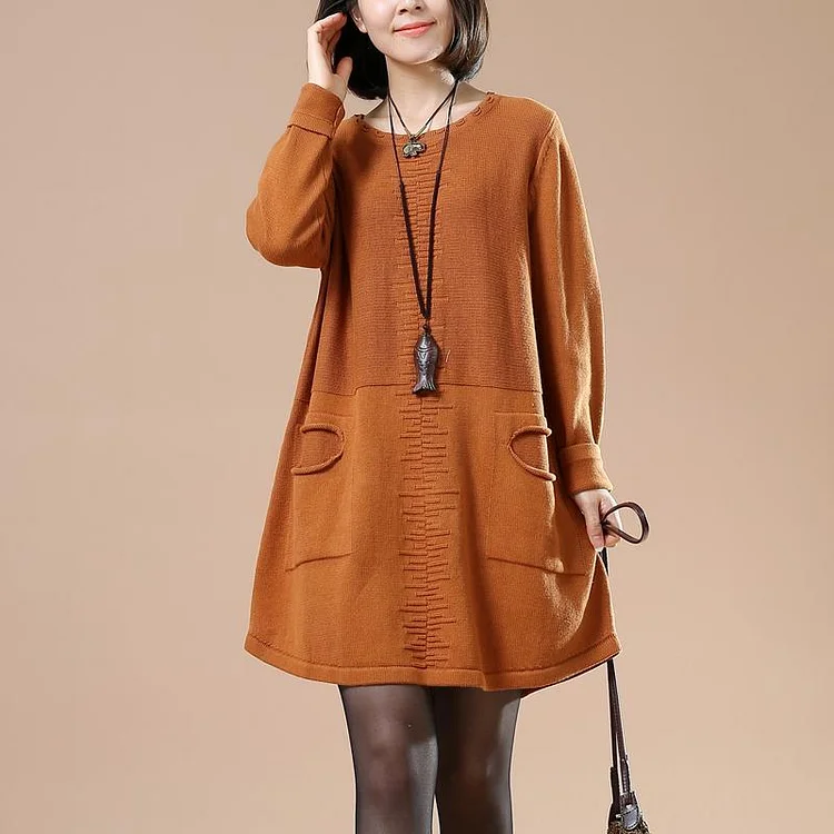Orange split pockets sweaters plus size knit dresses