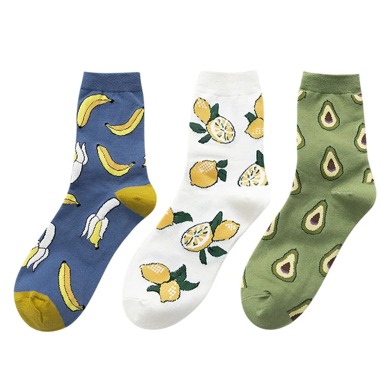 3 Pairs New Cartoon Fruit Cotton Socks Women Strawberry Avocado Lemon Korean Color Harajuku Warm Long Crew Socks Novelty 2020