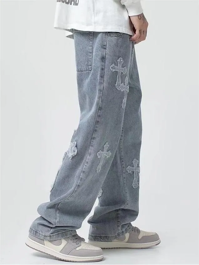 Brownm men's vintage jeans with cross patch