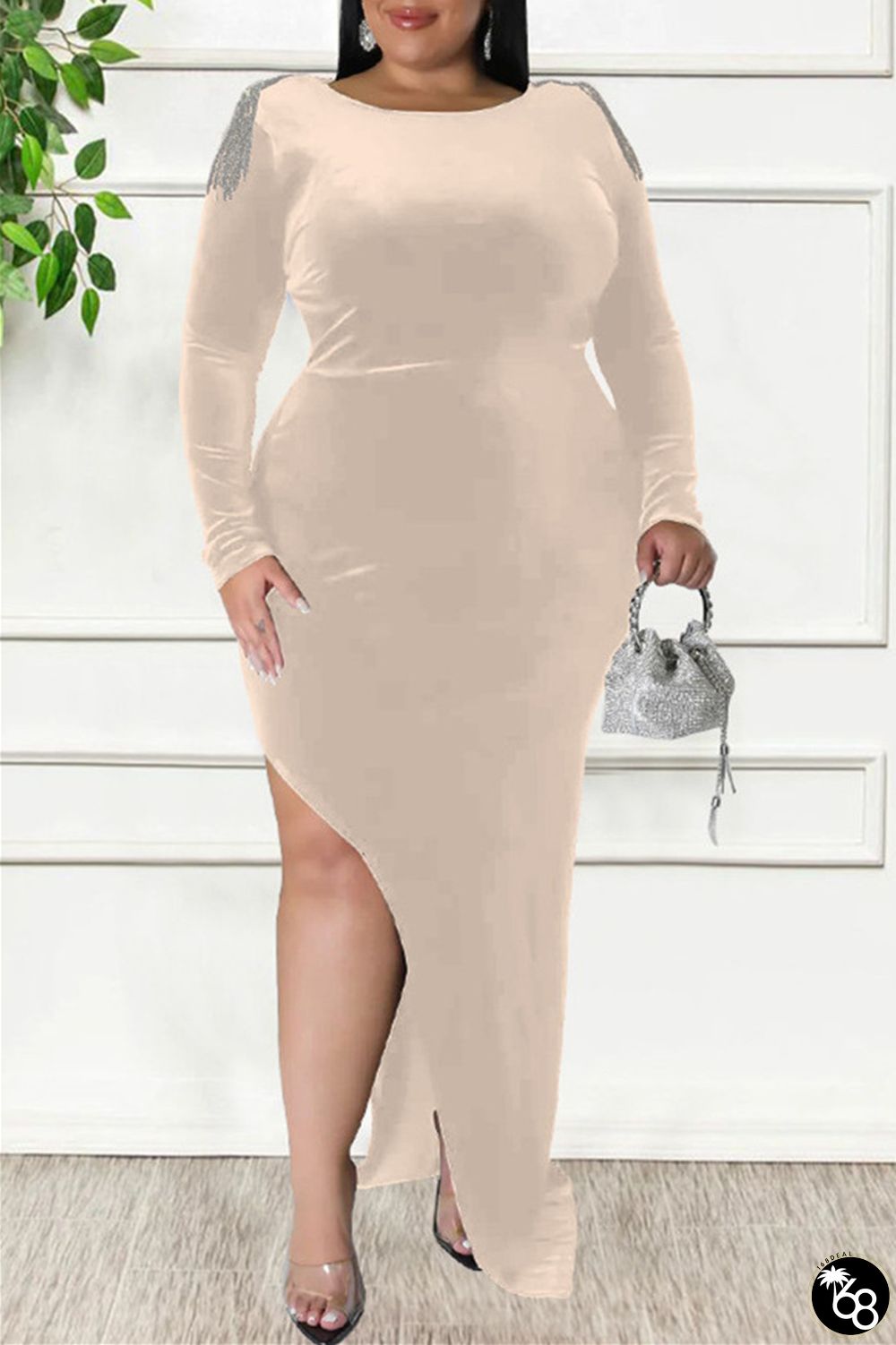 Champagne Sexy Casual Solid Patchwork Metal Accessories Decoration Backless Slit O Neck Long Sleeve Plus Size Dresses | 168DEAL