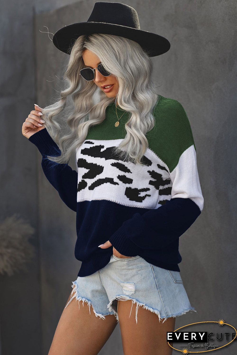 Green Color Block Leopard Splicing Sweater