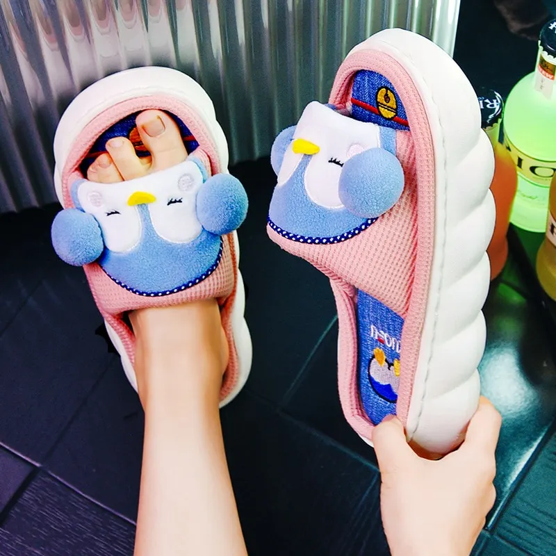Yyvonne New Fashion Linen Slippers Women Cute Squirrel Home Platform Slippers Comfort Cartoon Couple Ladies Slides Free Shipping