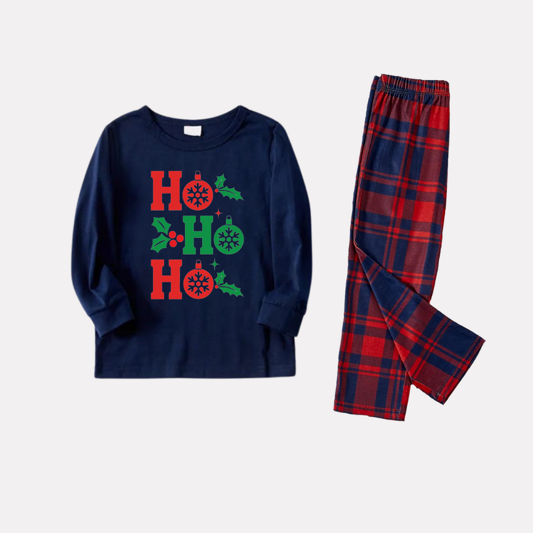 "HO HO HO" Letter Christmas 2024 Blue Long Sleeve Top with Blue & Red Plaid Family Matching Pajamas