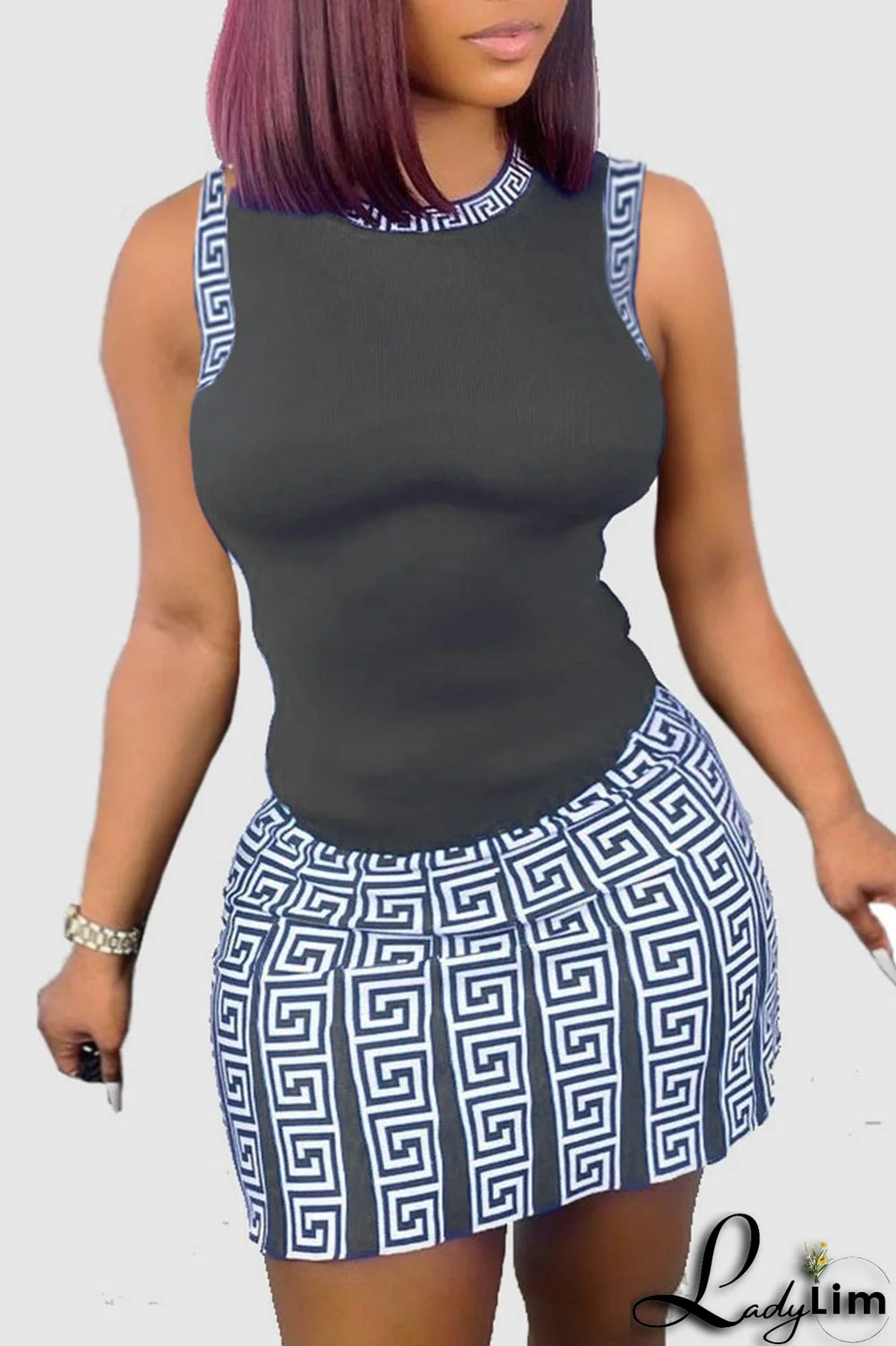 Brown Casual Print Patchwork O Neck Sleeveless Two Pieces