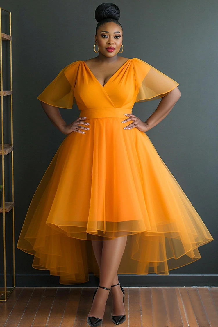 Xpluswear Design Plus Size Prom Yellow Wrap Neck Short Sleeve High Low Hem Elegant See Through Tulle Midi Dresses [Pre-Order] 2024 - Xpluswear