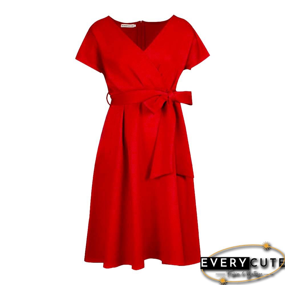 V-neck Solid Color Waist Bow Tie Dress White Dresses