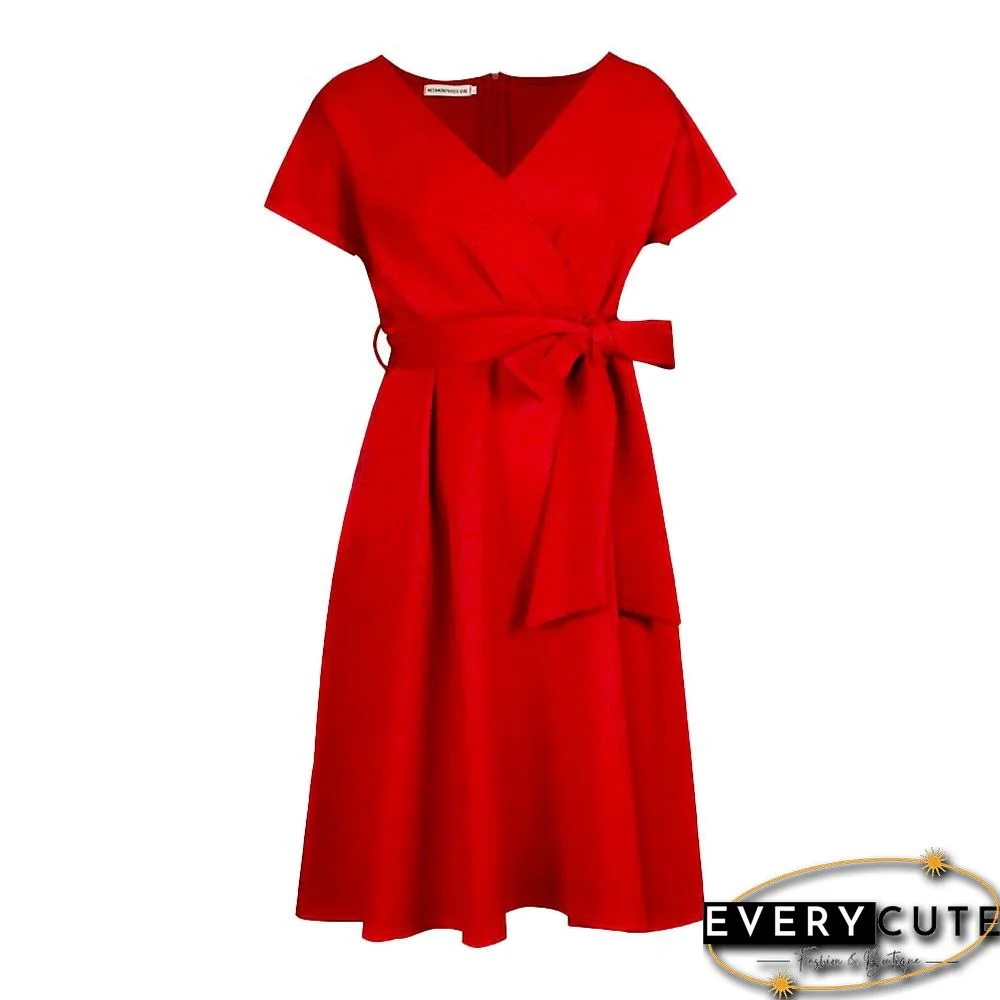 V-neck Solid Color Waist Bow Tie Dress White Dresses