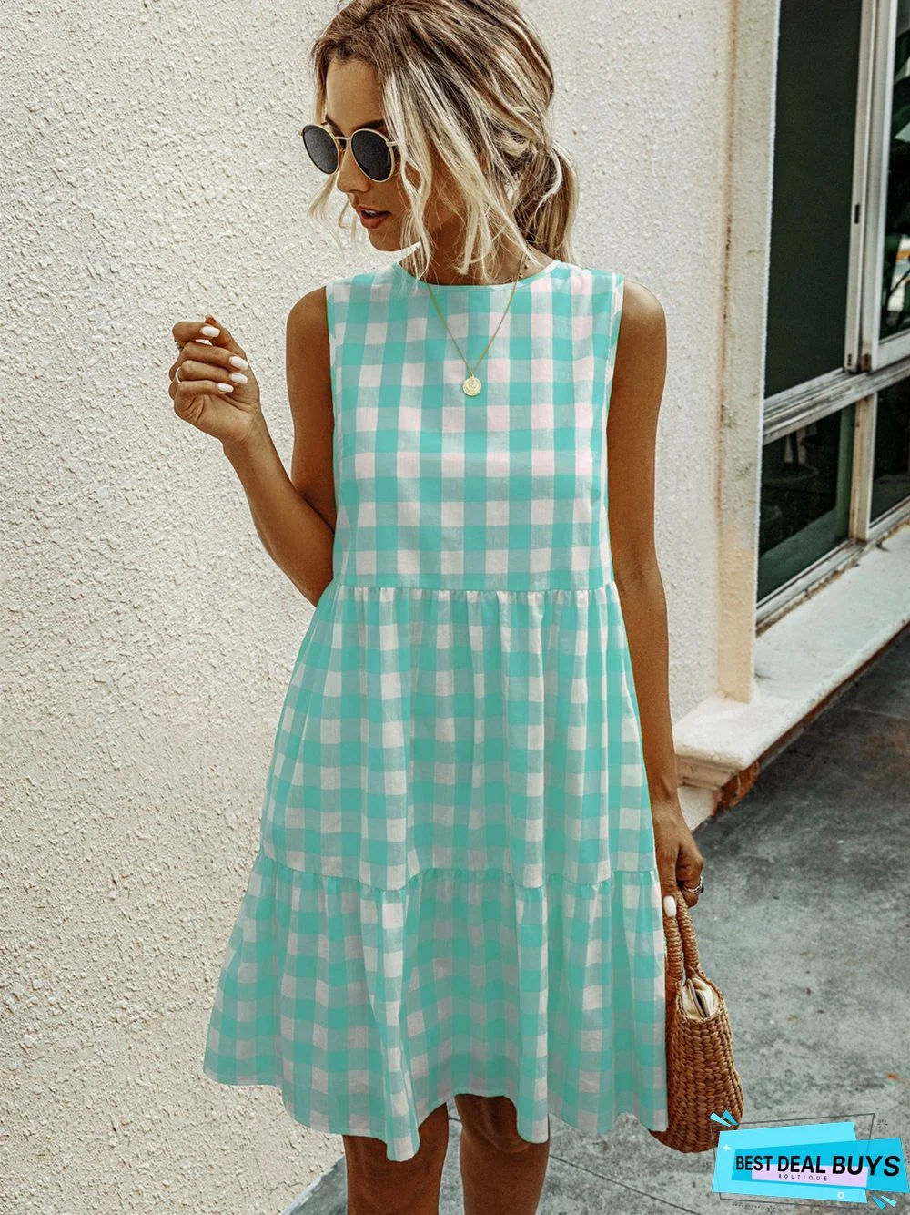 Fashion Round Neck Plaid Loose Female Plaid Dress Cake Skirt