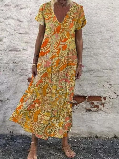 Women's Short Sleeve V-neck Floral Printed Midi Dress