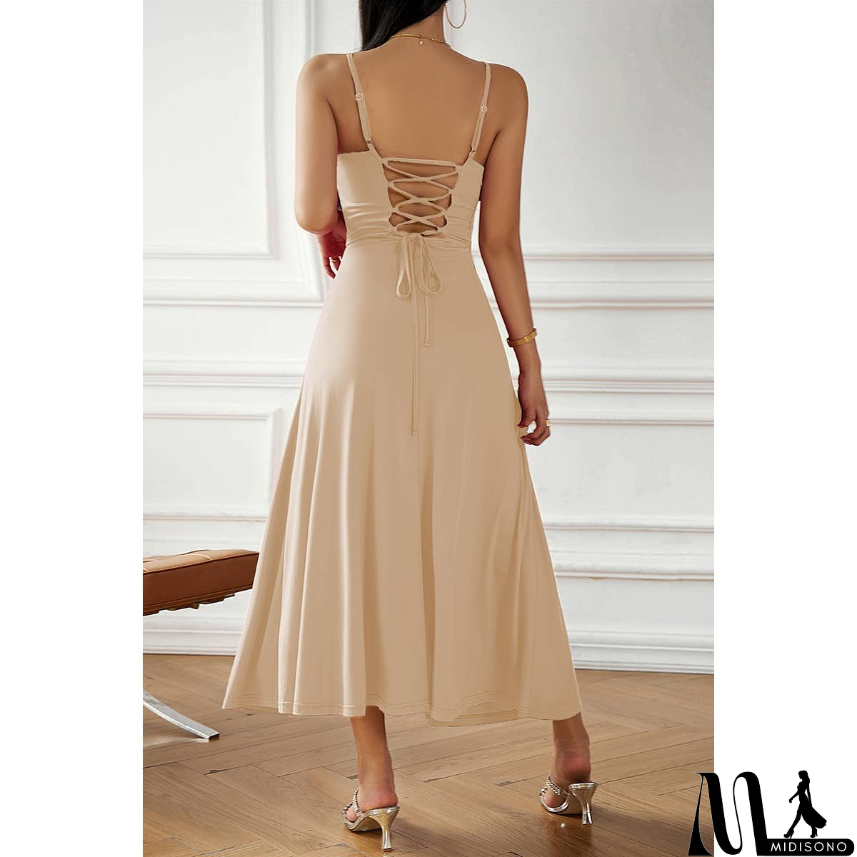 MidiSono - Solid Sleeveless Fit Cross Back Knot Full Dress