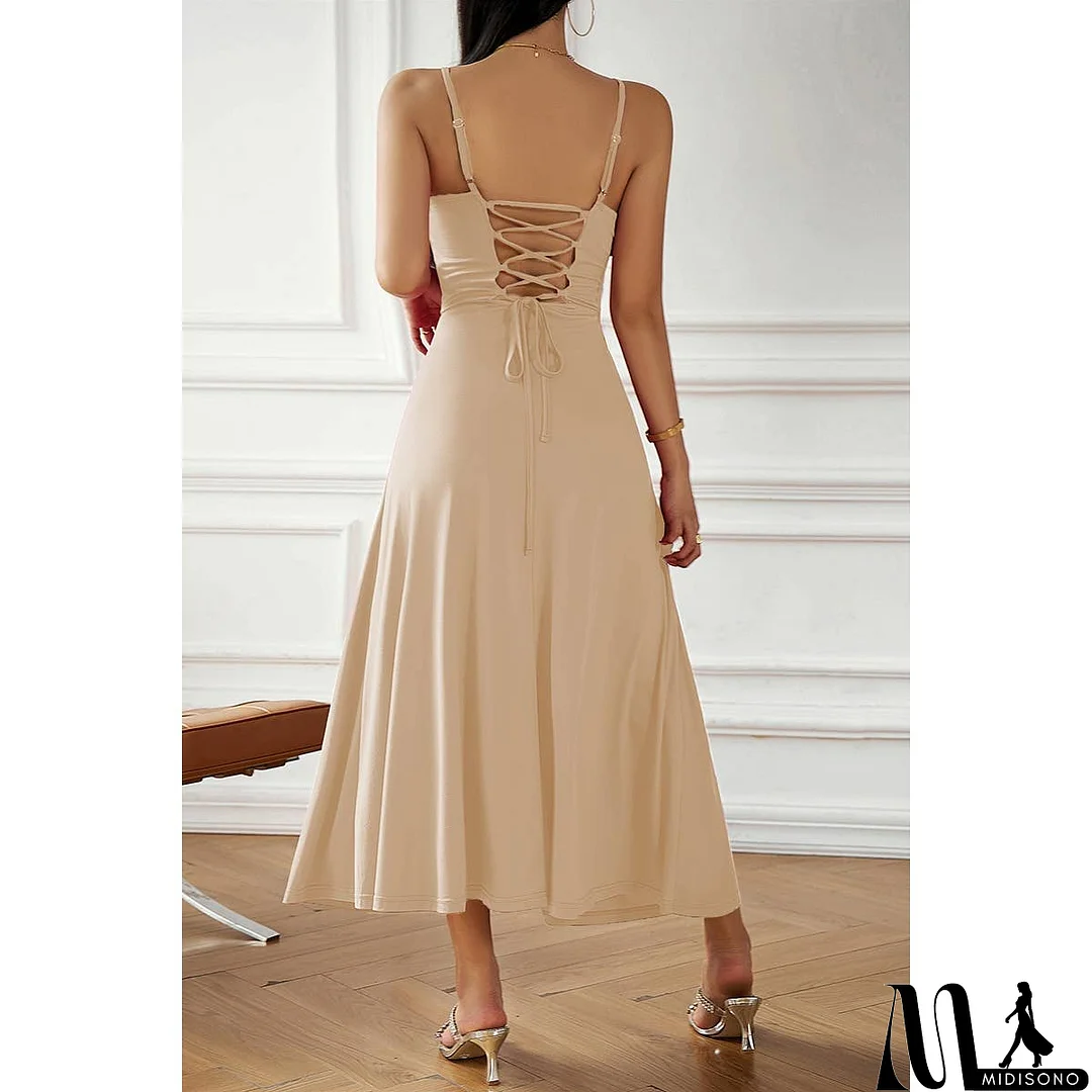 MidiSono - Solid Sleeveless Fit Cross Back Knot Full Dress