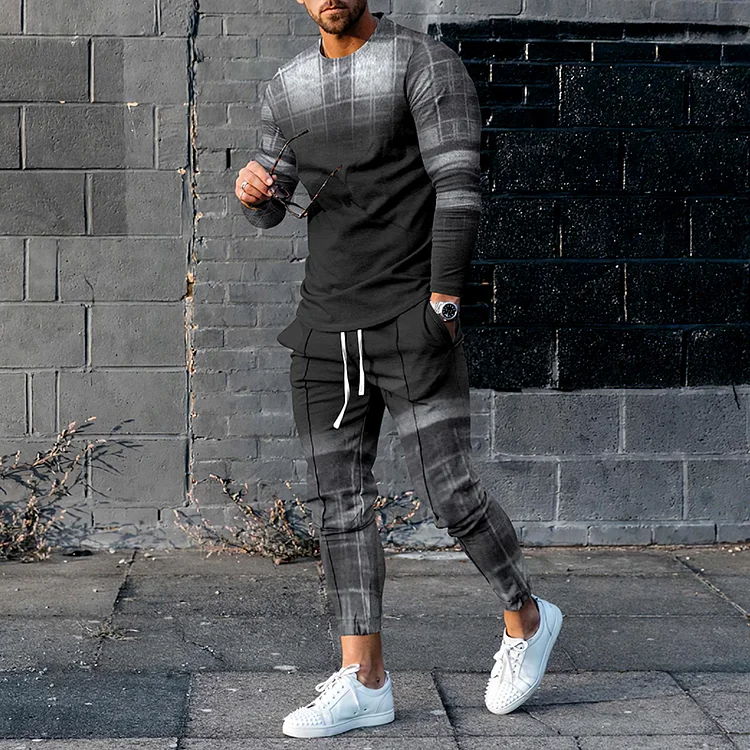 BrosWear Fashion Gradient Gray Plaid Long Sleeve T-Shirt And Pants Co-Ord