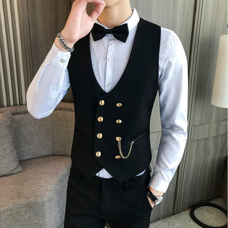 Aonga Mens Vest Double-breasted Waistcoat Male Prom Party Disco Waiter Clothes Casual Slim Fit Dress Vest For Men Tuxedo Gilet Homme