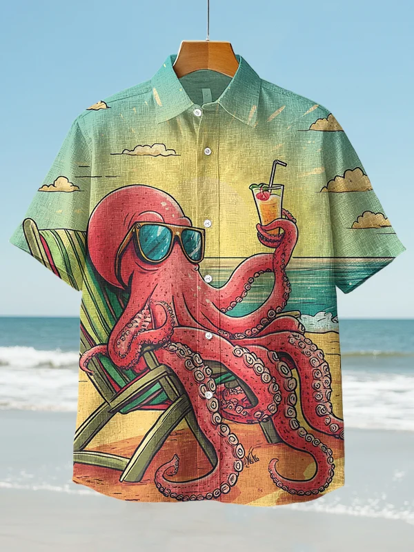 Men's Octopus Sunbathing And Drinking On The Beach Art Print Short Sleeve Shirt