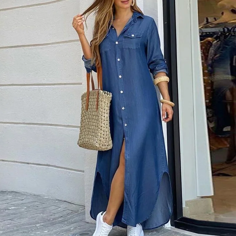 Women Long Shirt Dress Autumn Letter Print Irregular Beach Maxi Dress Elegant Turn Down Collar Long Sleeve Split Female Vestidos