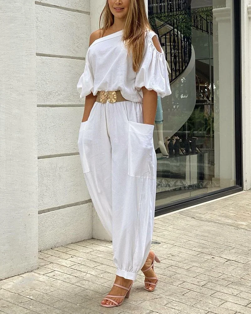 Solid color off-the-shoulder casual two-piece suit
