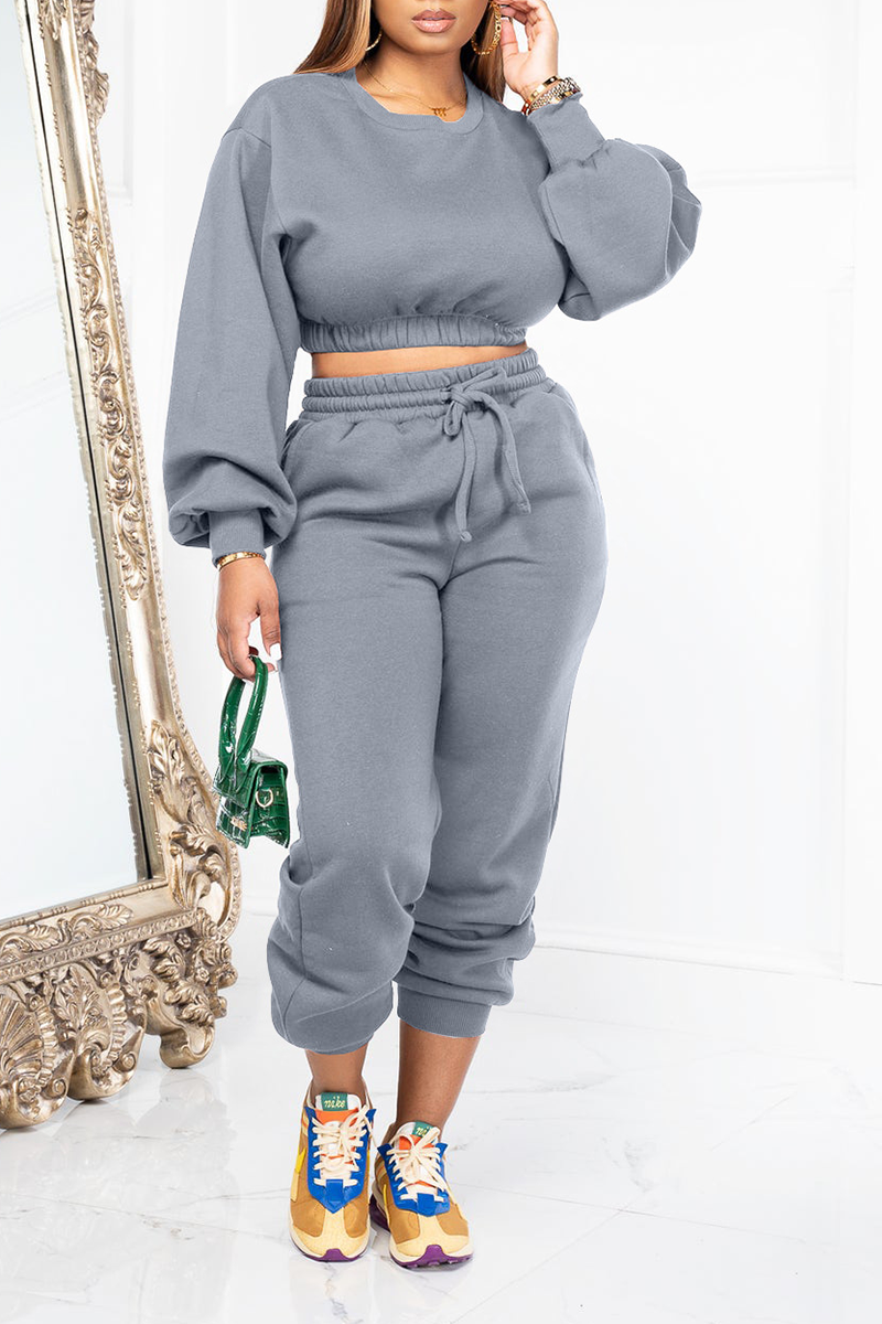 Grey Solid Patchwork O Neck Long Sleeve Two Pieces | EGEMISS
