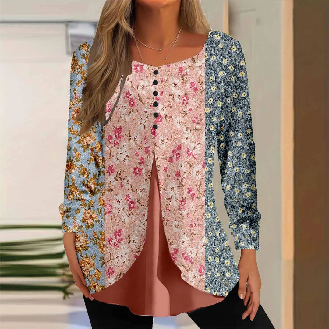 Women Floral,Colorblock,Colorful DZGG8137 Long Sleeve Scoop Neck Printed Graphic Button Fake 2in1 Tops