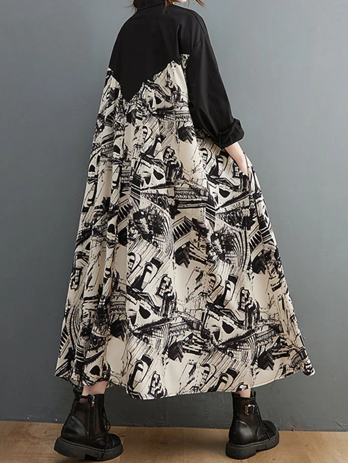 Fashion Cotton Linen Shirt Patchwork Print Dress