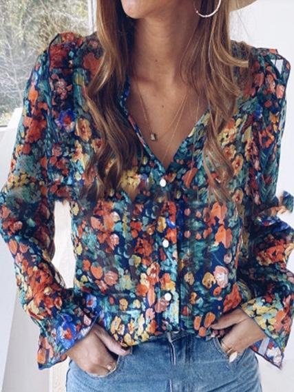 New Women's Fashion Long-sleeved Floral Top Loose Shirt