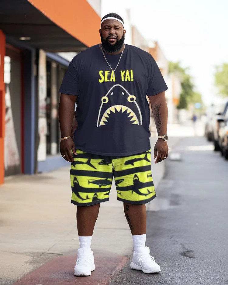 Men's Plus Size Street Sea Ya! Shark Color Block Graffiti Short Sleeve Shorts Set