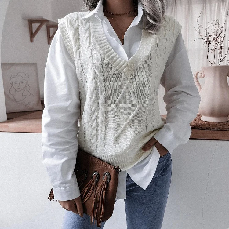 Mayoulove Sweater Vests For Women V-neck Twist Casual Loose Knitted Vests-Mayoulove