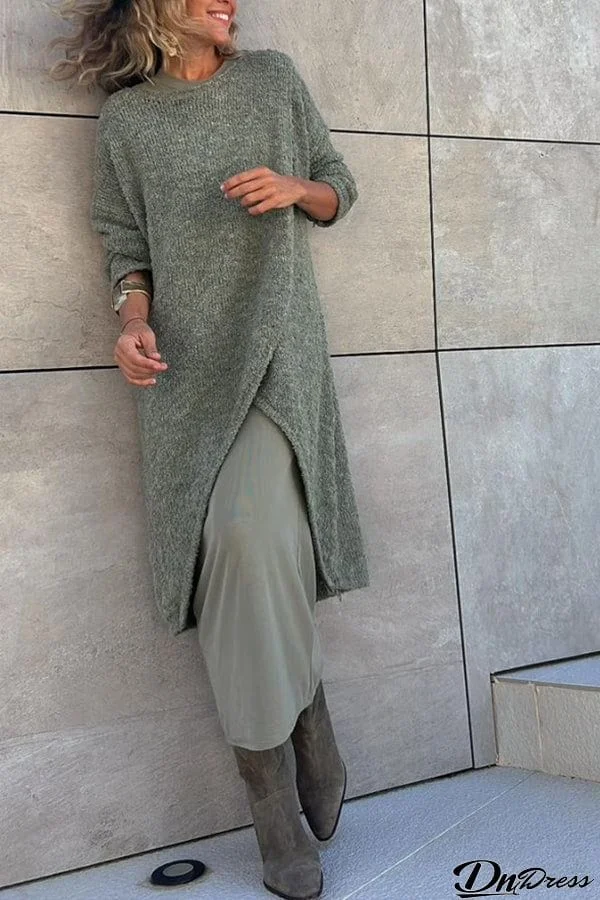 Whistling Winds Knit Center Front Slit Pullover Loose Midi Sweater
