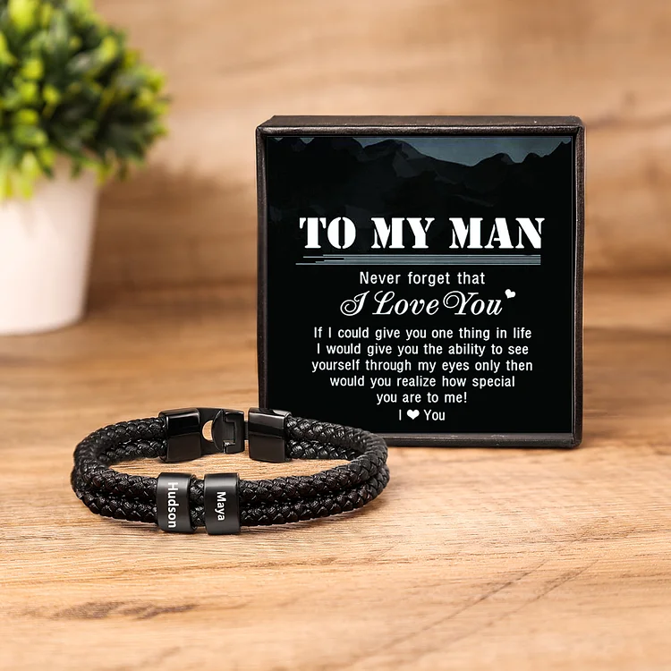 Men Leather Bracelet with 1 Bead Custom Two Layers Bracelet Black Gift To My Man