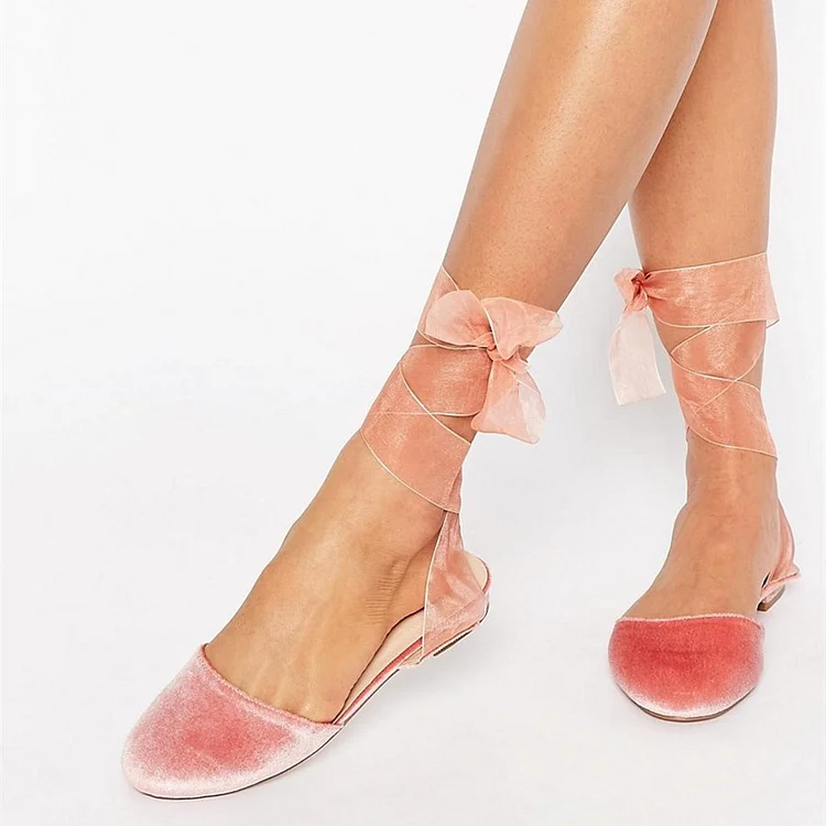 Pink Velvet Round Toe Comfortable Flats Lace Strappy Shoes |FSJ Shoes