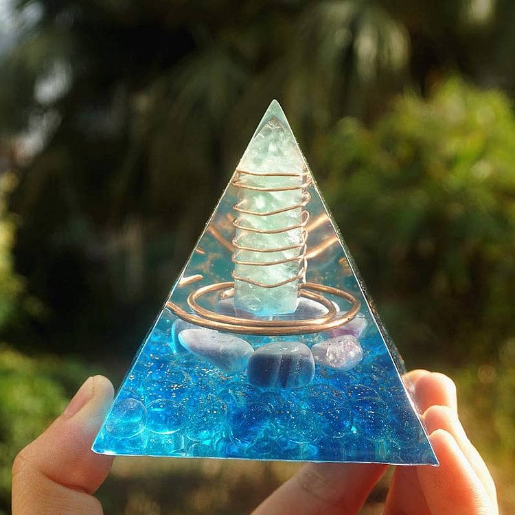 Green Fluorite Pillar With Amethyst Orgone Pyramid