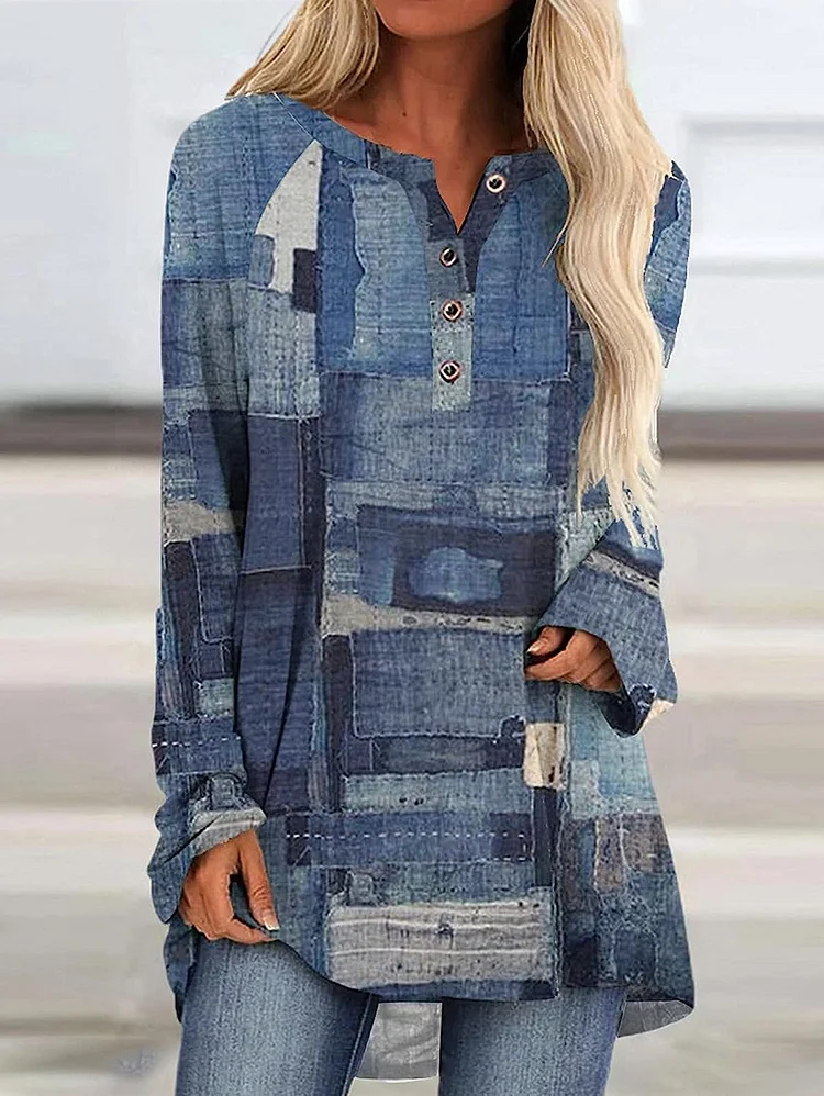 Casual Patchwork Henry Neck Long Sleeve Loose Blouse