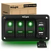 Nilight 3 Gang Rocker Switch Panel with 4.8 Amp Dual USB Charger Voltmeter Waterproof 12V 24V DC Rocker Switch with Night Glow Stickers for Cars Trucks Boats RVs, 2 Years Warranty,Blue,Green