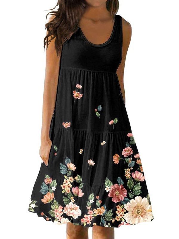 Women's Casual U-neck Sleeveless Printed Loose Patchwork Dress