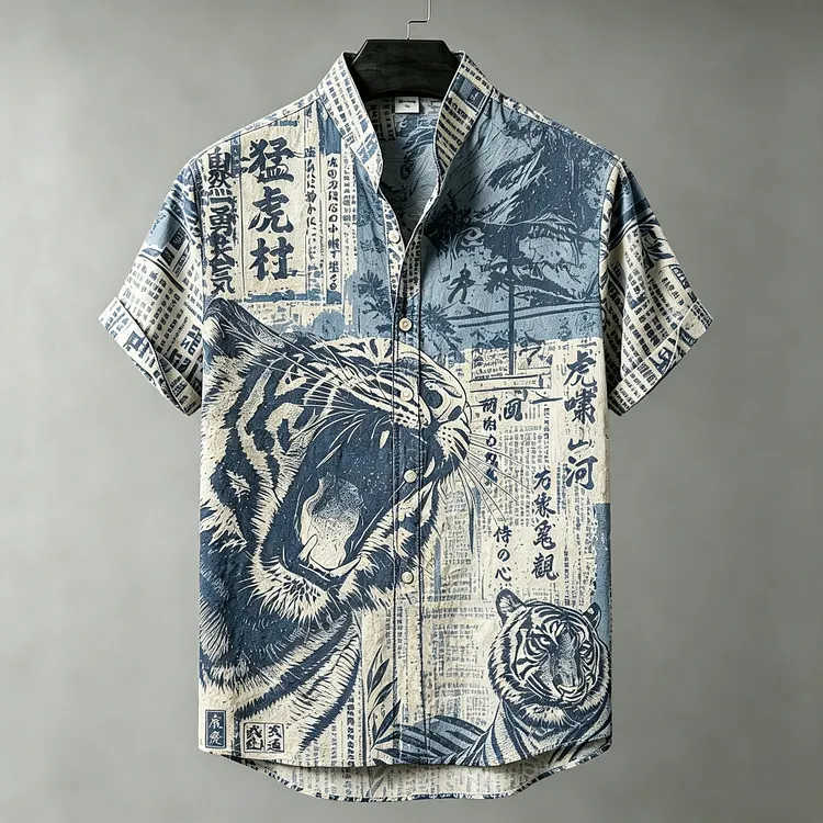 Men's Retro Japanese Art Tiger And Calligraphy Print Short-sleeve Shirt