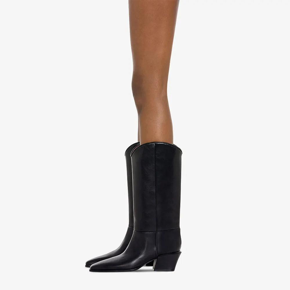 Women's Black Pointed Toe Block Heel Mid Calf Western Boots