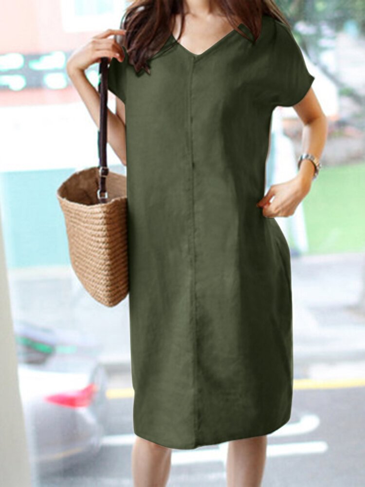 Solid Short Sleeve V-neck Vintage Dress For Women - Life is Beautiful for You - SheChoic