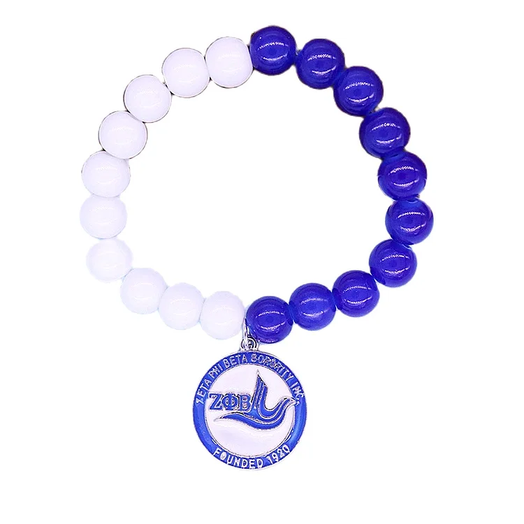Craft Royal Blue White Beads Gift Bangle Letter Zeta Phi Beta Founded 1920 Greek Symbol Soror Society Women Stretched Bracelet